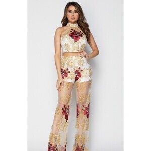 BANJUL women's new  two piece pants lace set top and bottom with zipper M